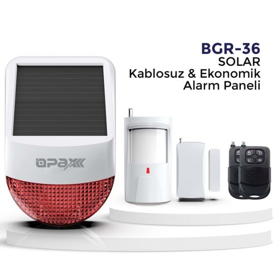 BGR-36 SOLAR KABLOSUZ EKONOMİK ALARM SİSTEMİ (SİREN+PIR+MANYETİK KONTAK+2 ADET KUMANDA) KURULUM DAHİL